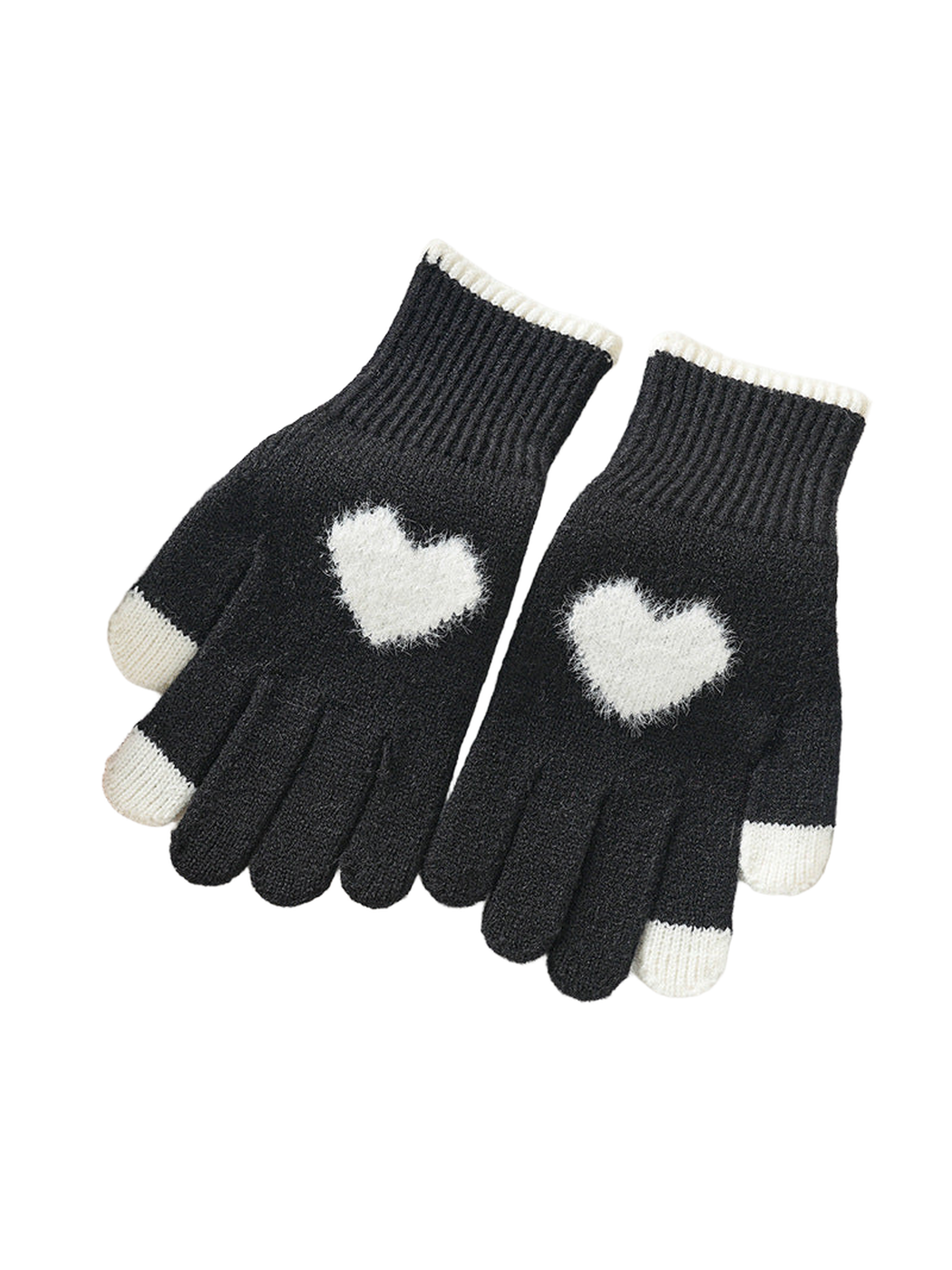Black heart motif gloves with ivory accents