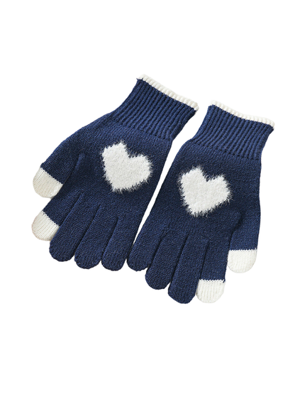Navy heart motif gloves with ivory accents