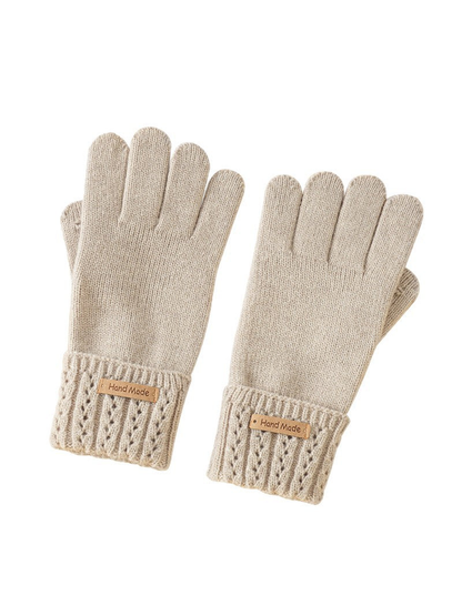 Beige five-finger knit gloves with wide eyelet-pattern cuffs