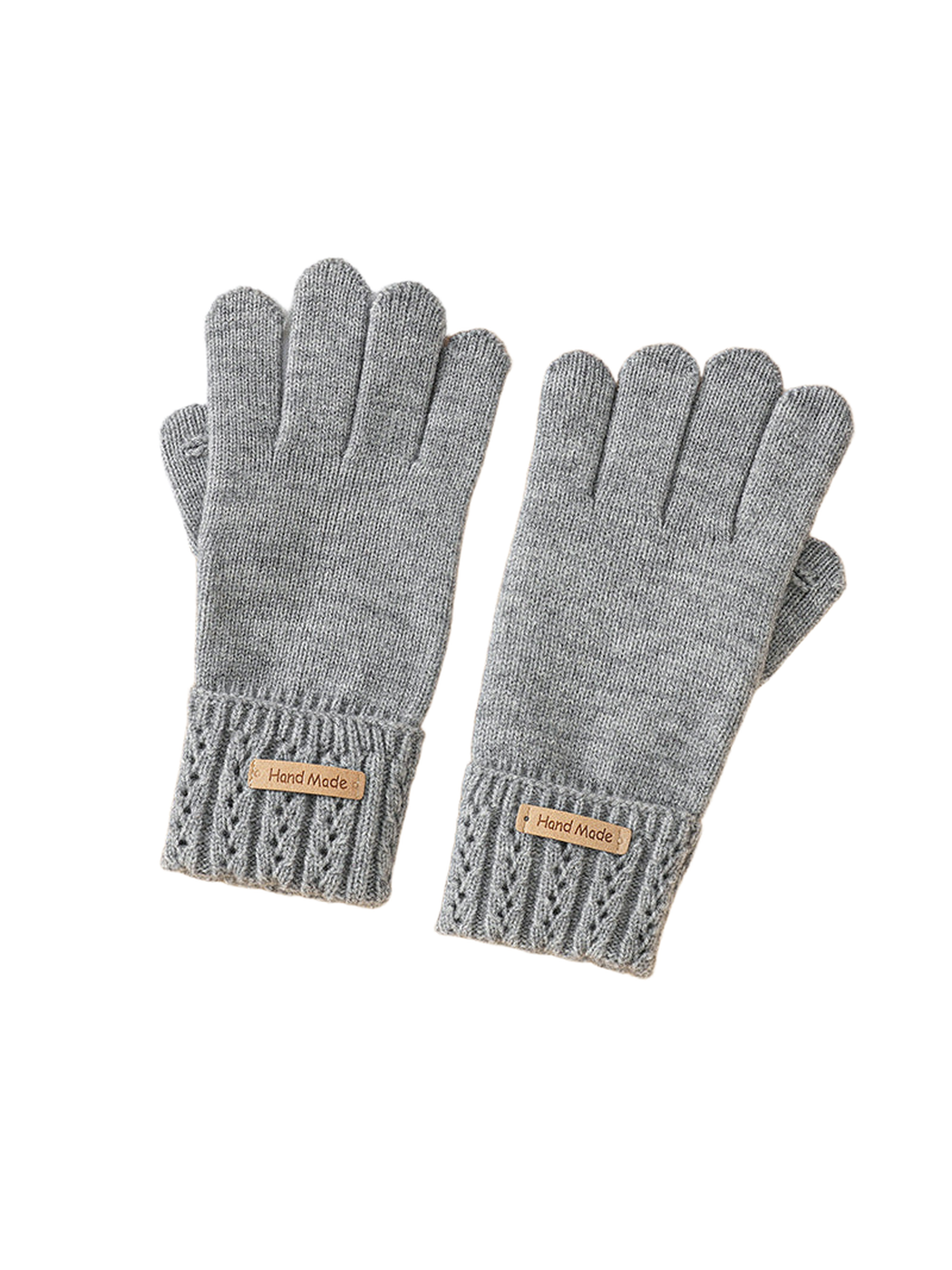 Gray knit gloves with wide eyelet-pattern cuffs
