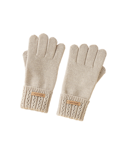 Light brown knit gloves with wide eyelet-pattern cuffs