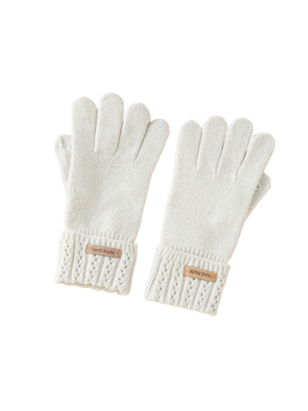 Light gray knit gloves with wide eyelet-pattern cuffs
