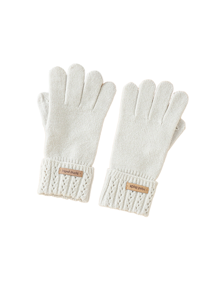 Light gray knit gloves with wide eyelet-pattern cuffs