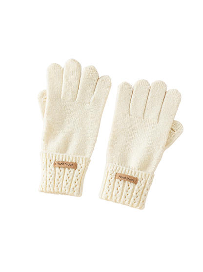 Ivory knit gloves with wide eyelet-pattern cuffs