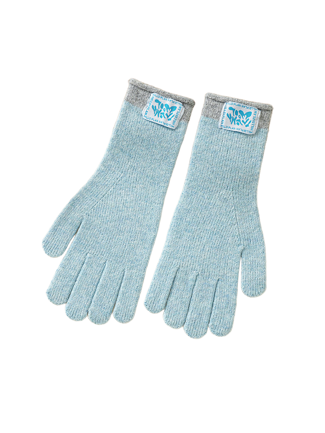 Light blue knit gloves with contrasting gray cuffs, pair displayed flat