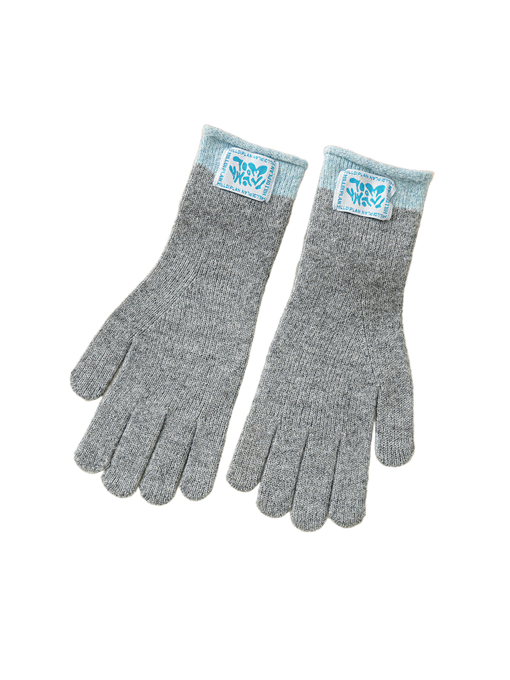 Dark gray knit gloves with contrasting pale blue cuffs, pair displayed flat