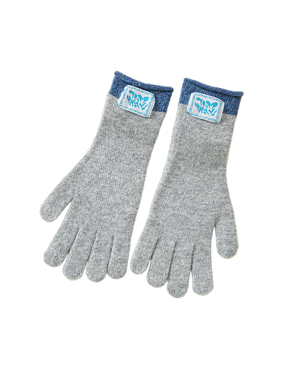 Light gray knit gloves with contrasting blue cuffs, pair displayed flat