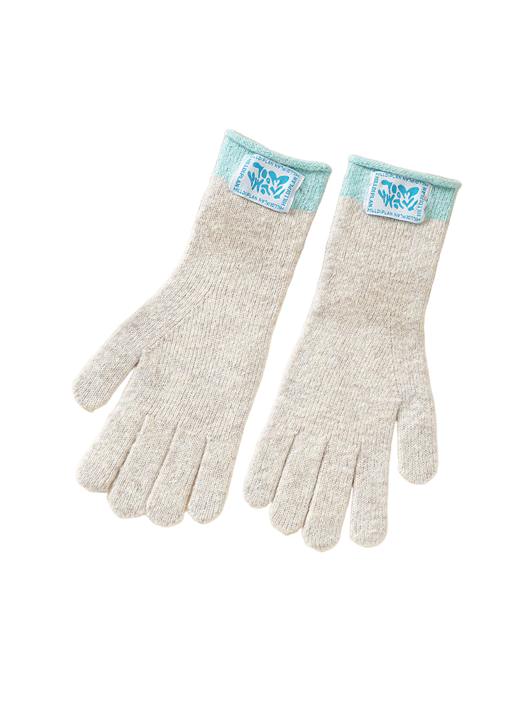 Beige knit gloves with contrasting aqua cuffs, pair displayed flat