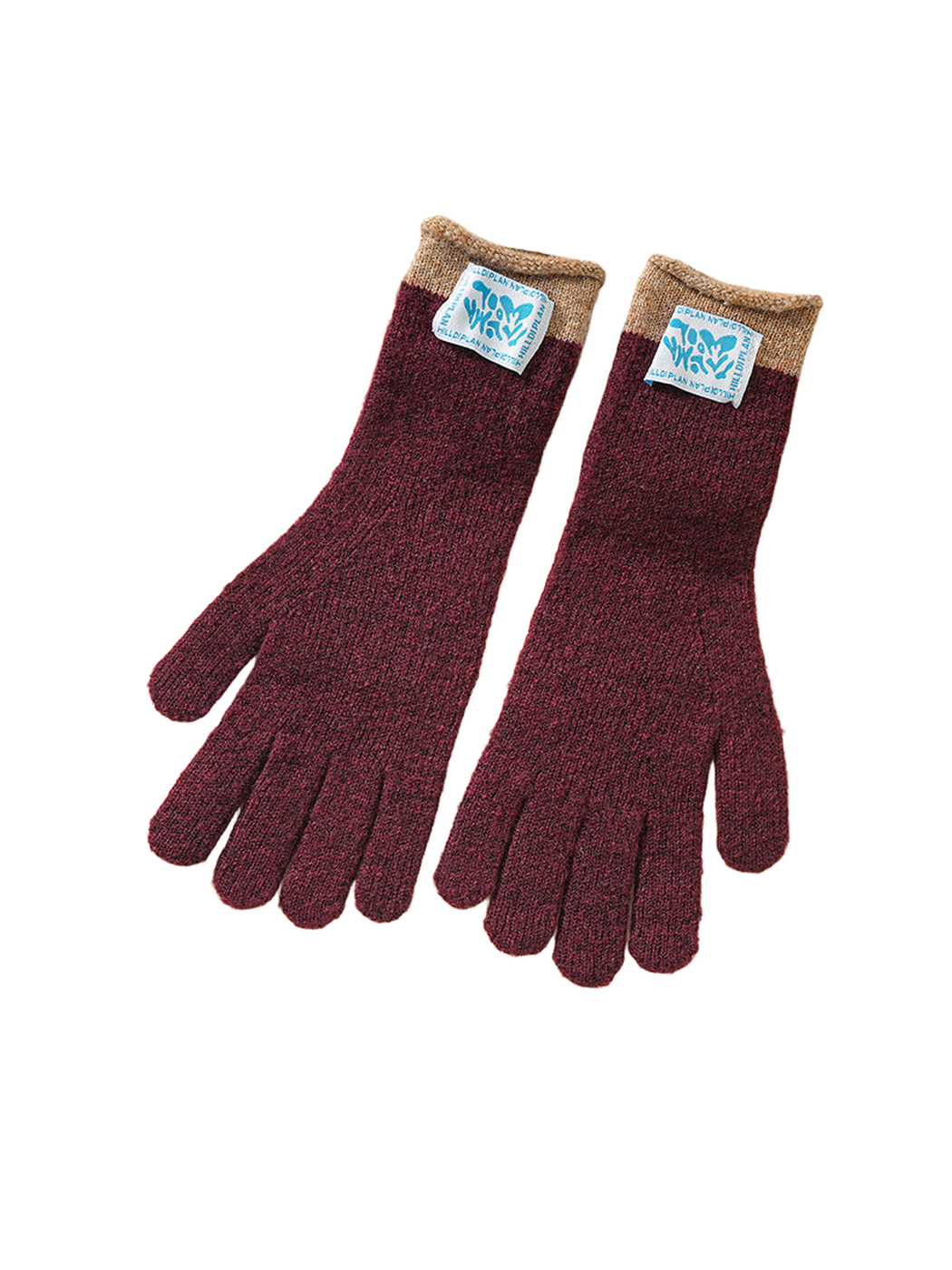Burgundy knit gloves with contrasting brown cuffs, pair displayed flat