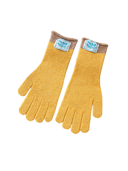 Mustard yellow knit gloves with contrasting brown cuffs, pair displayed flat