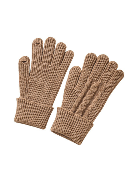 Brown ribbed gloves showing plain palm and cable-knit back views