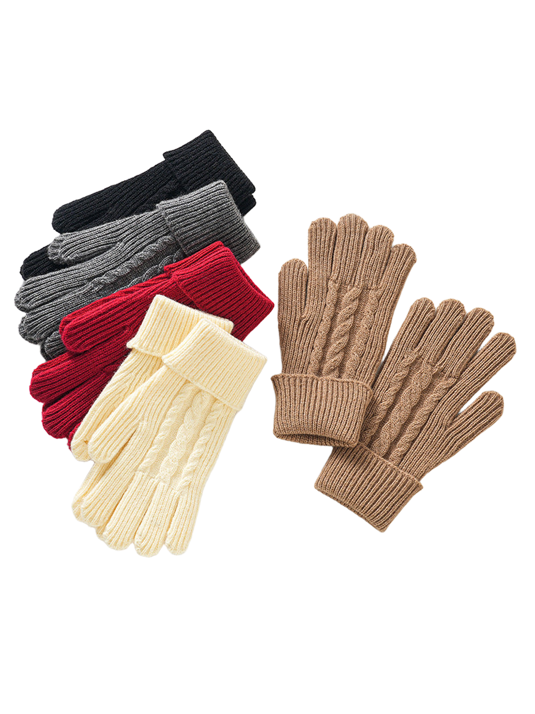 Black, gray, red, ivory and brown cable-knit gloves displayed together