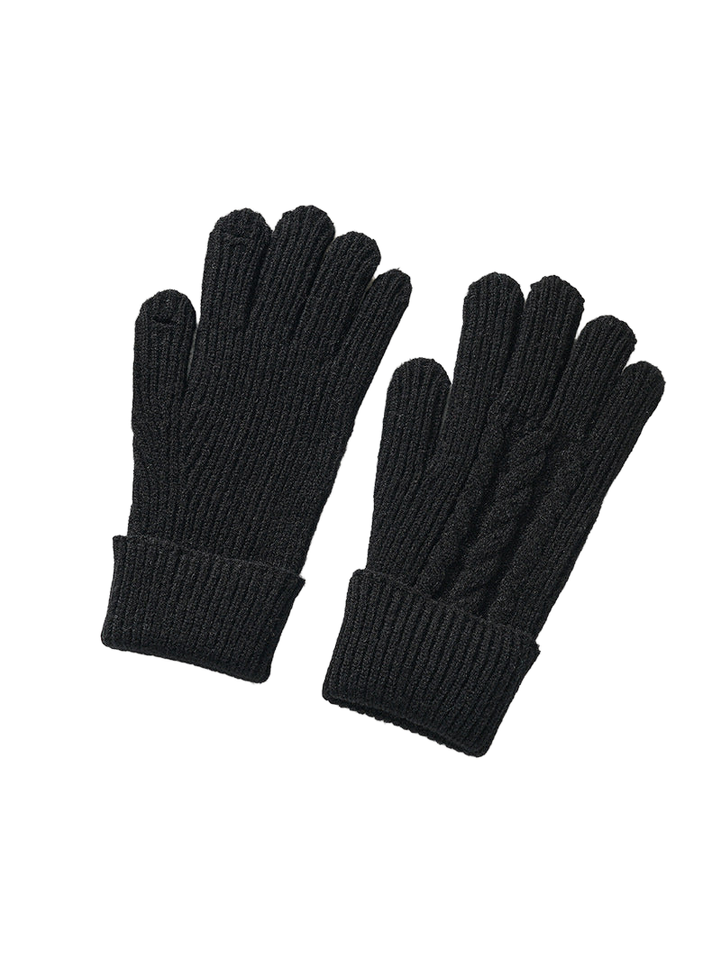 Black ribbed gloves showing plain palm and cable-knit back views