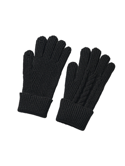 Black ribbed gloves showing plain palm and cable-knit back views