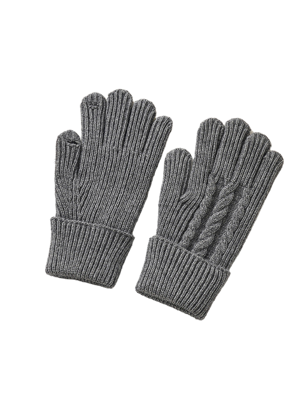 Gray ribbed gloves showing plain palm and cable-knit back views