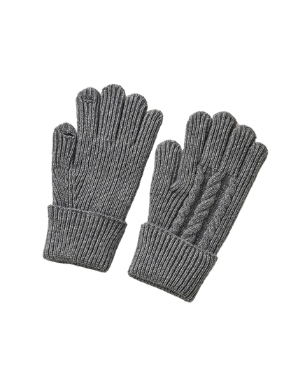 Gray ribbed gloves showing plain palm and cable-knit back views