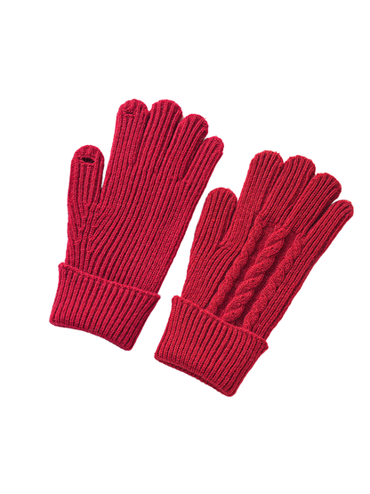 Red ribbed gloves showing plain palm and cable-knit back views