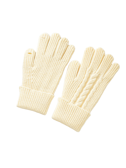 Ivory ribbed gloves showing plain palm and cable-knit back views