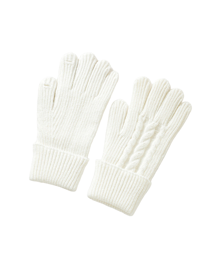 White ribbed gloves showing plain palm and cable-knit back views