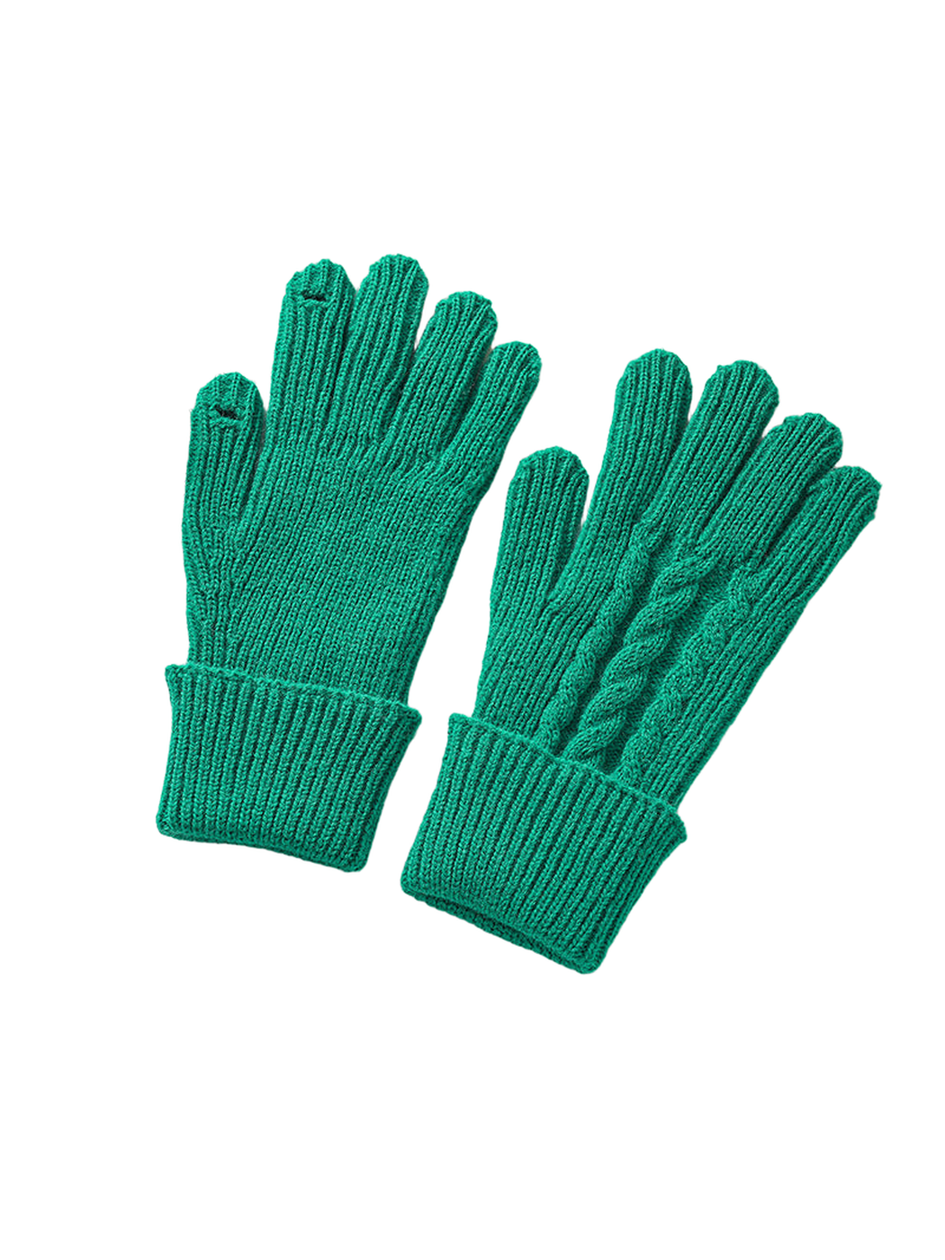 Green ribbed gloves showing plain palm and cable-knit back views