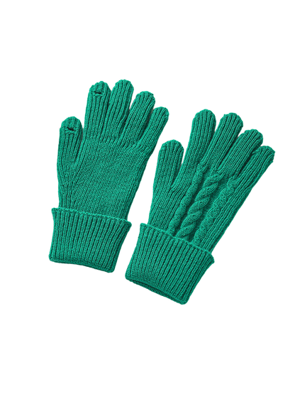 Green ribbed gloves showing plain palm and cable-knit back views