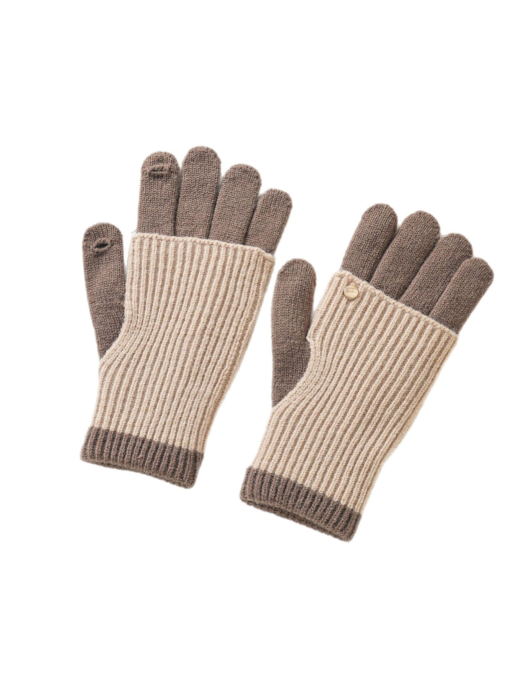 Pair of beige and brown two-tone knit gloves with fold-back hand covers