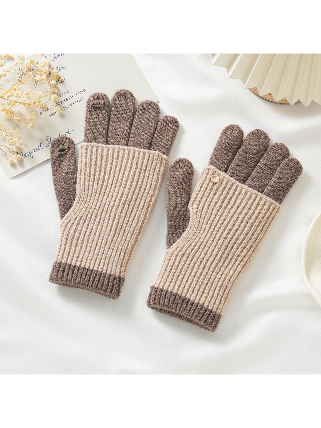 Beige and brown two-tone knit gloves with fold-back hand covers