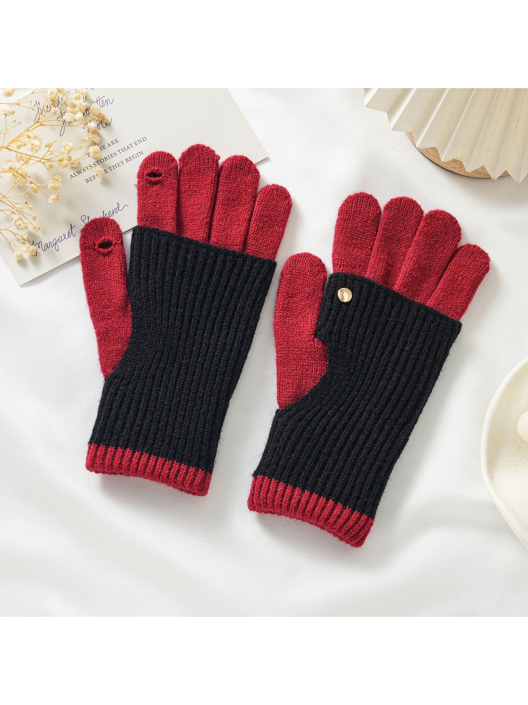 Black and red two-tone knit gloves with fold-back hand covers
