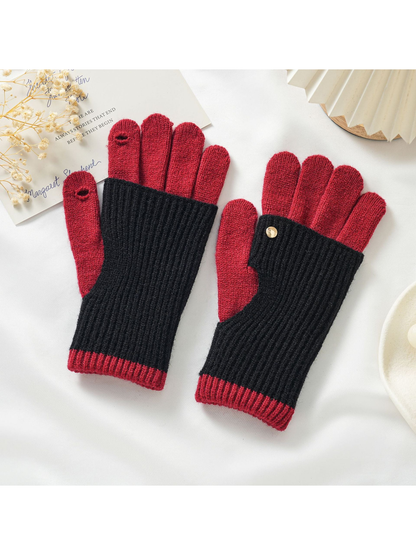 Black and red two-tone knit gloves with fold-back hand covers