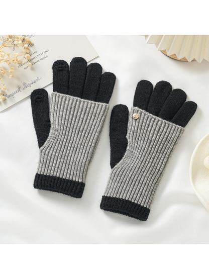 Black and light gray two-tone knit gloves with fold-back hand covers