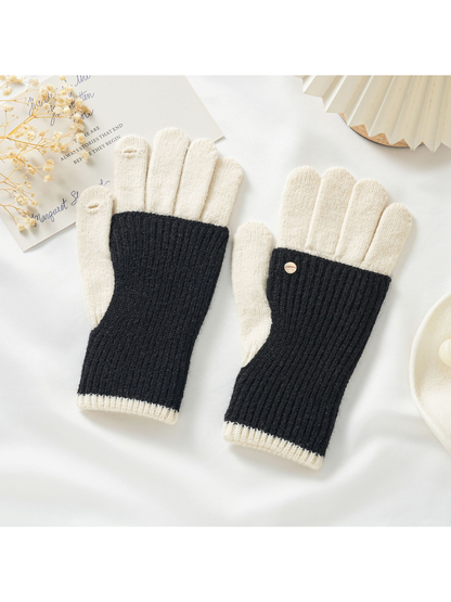 Black and ivory two-tone knit gloves with fold-back hand covers