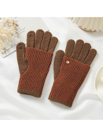 Caramel and dark brown two-tone knit gloves with fold-back hand covers