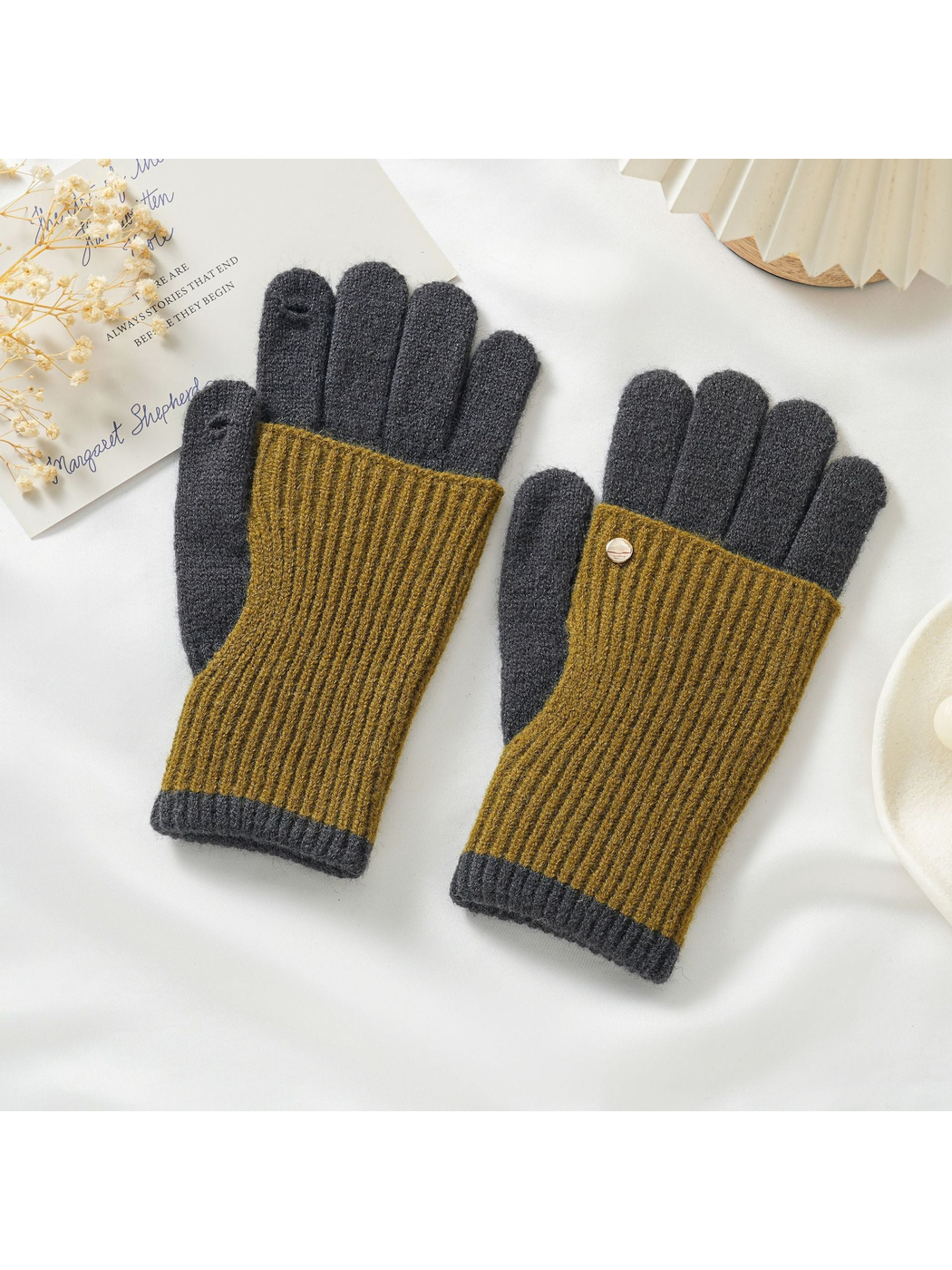 Mustard and dark gray two-tone knit gloves with fold-back hand covers