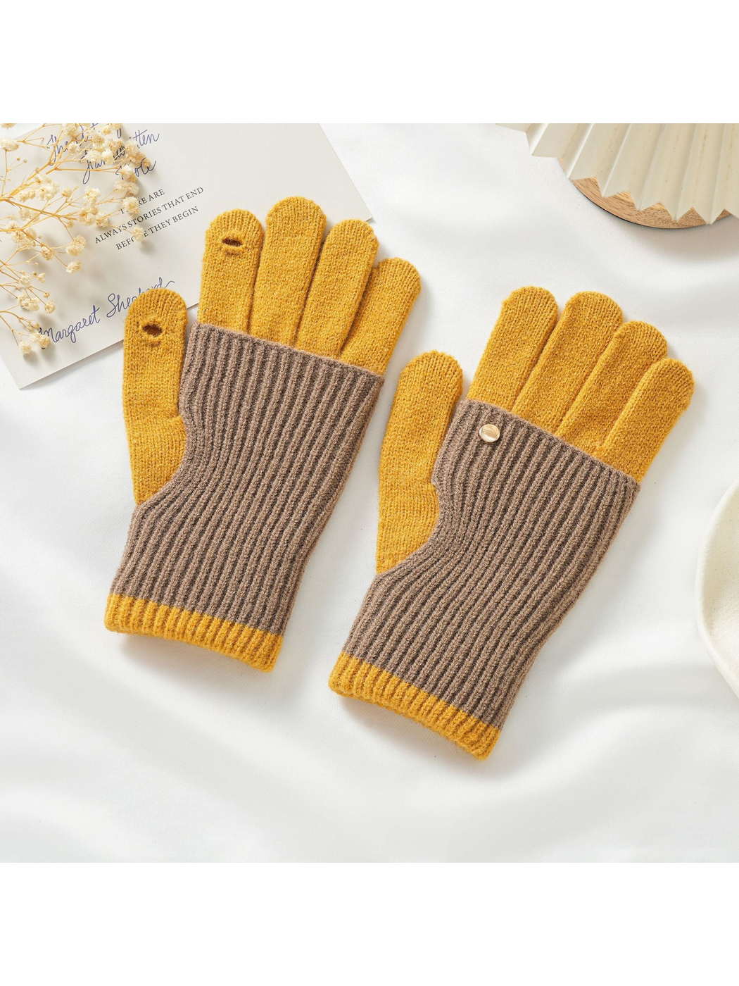 Khaki and mustard yellow two-tone knit gloves with fold-back hand covers