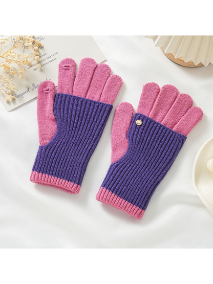 Purple and pink two-tone knit gloves with fold-back hand covers
