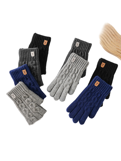 Full-finger and fingerless cable-knit gloves in black, gray and navy