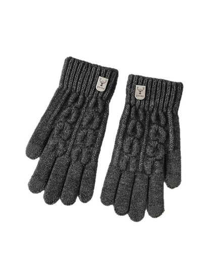 Dark gray full-finger cable-knit gloves on a white background