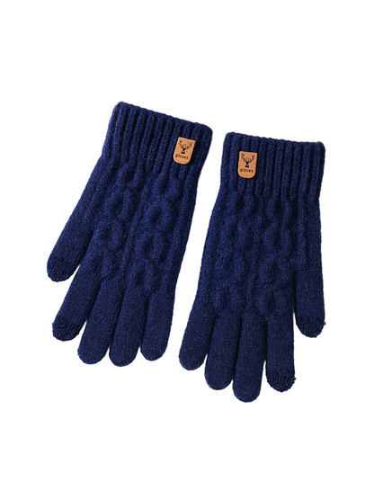 Navy full-finger cable-knit gloves