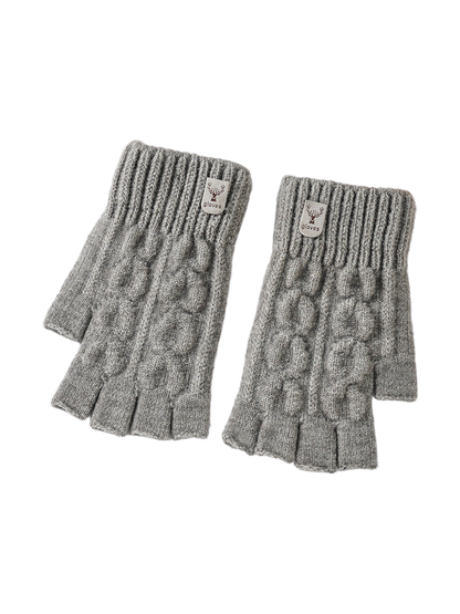Light gray fingerless cable-knit gloves