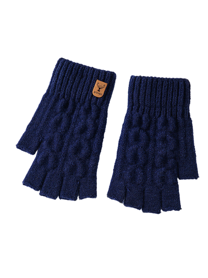 Navy fingerless cable-knit gloves