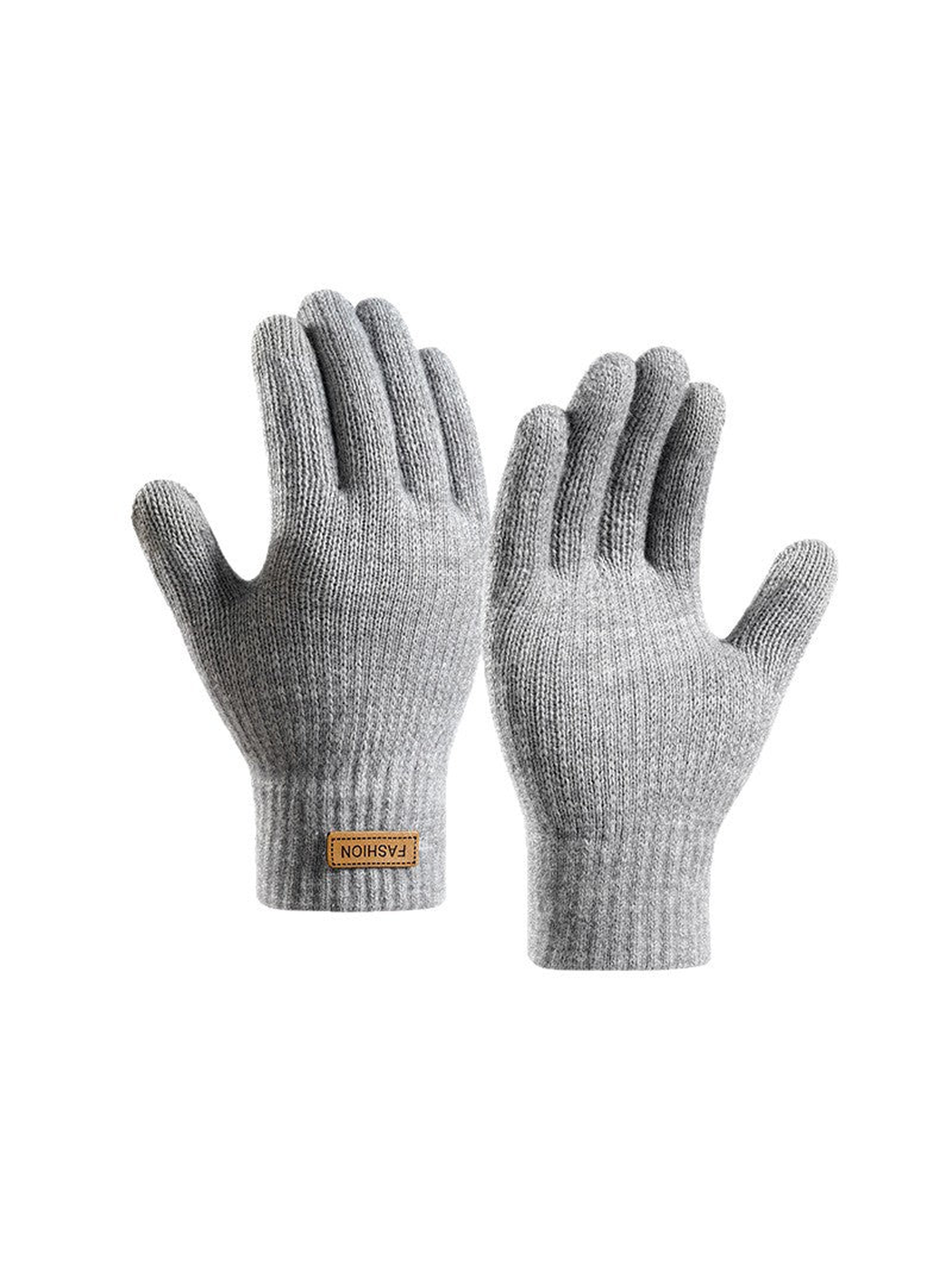 Light gray full-finger knit gloves with extended ribbed cuffs