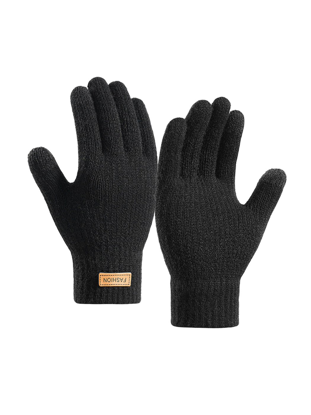 Black full-finger knit gloves with extended ribbed cuffs