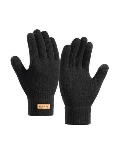 Black full-finger knit gloves with extended ribbed cuffs