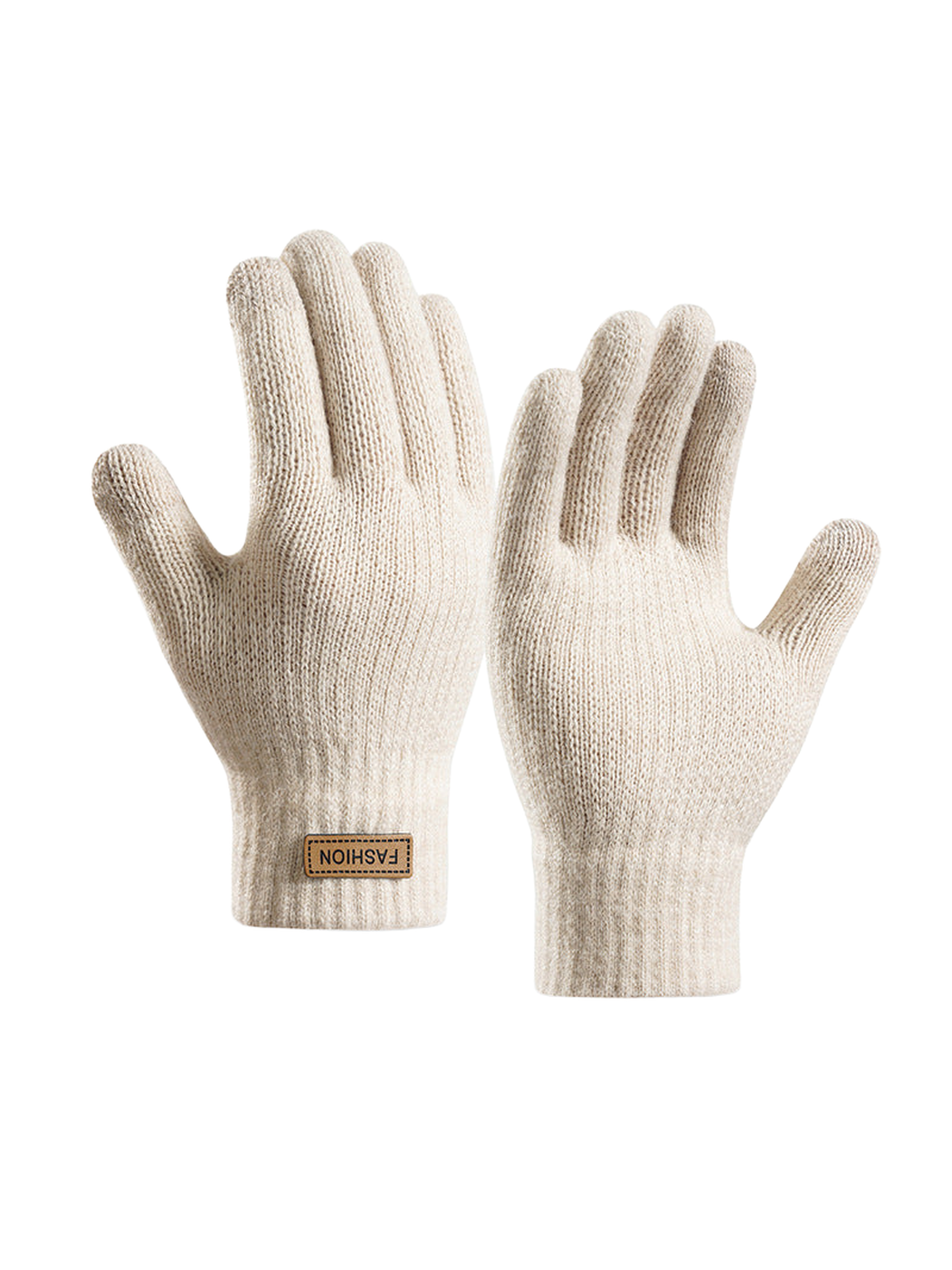 Beige full-finger knit gloves with extended ribbed cuffs
