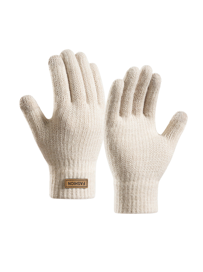 Beige full-finger knit gloves with extended ribbed cuffs