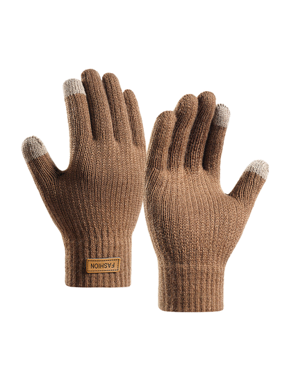 Brown full-finger knit gloves with contrasting fingertips and extended ribbed cuffs