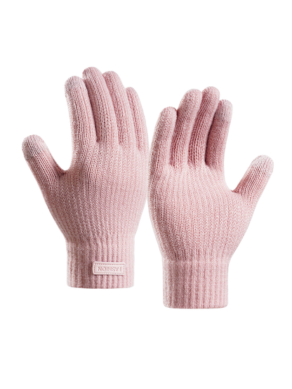 Light pink full-finger knit gloves with extended ribbed cuffs