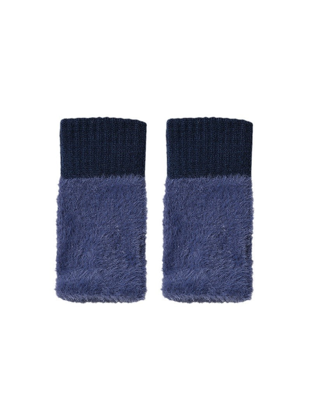 Navy fuzzy fingerless gloves with contrasting ribbed cuffs
