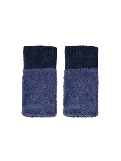 Navy fuzzy fingerless gloves with contrasting ribbed cuffs