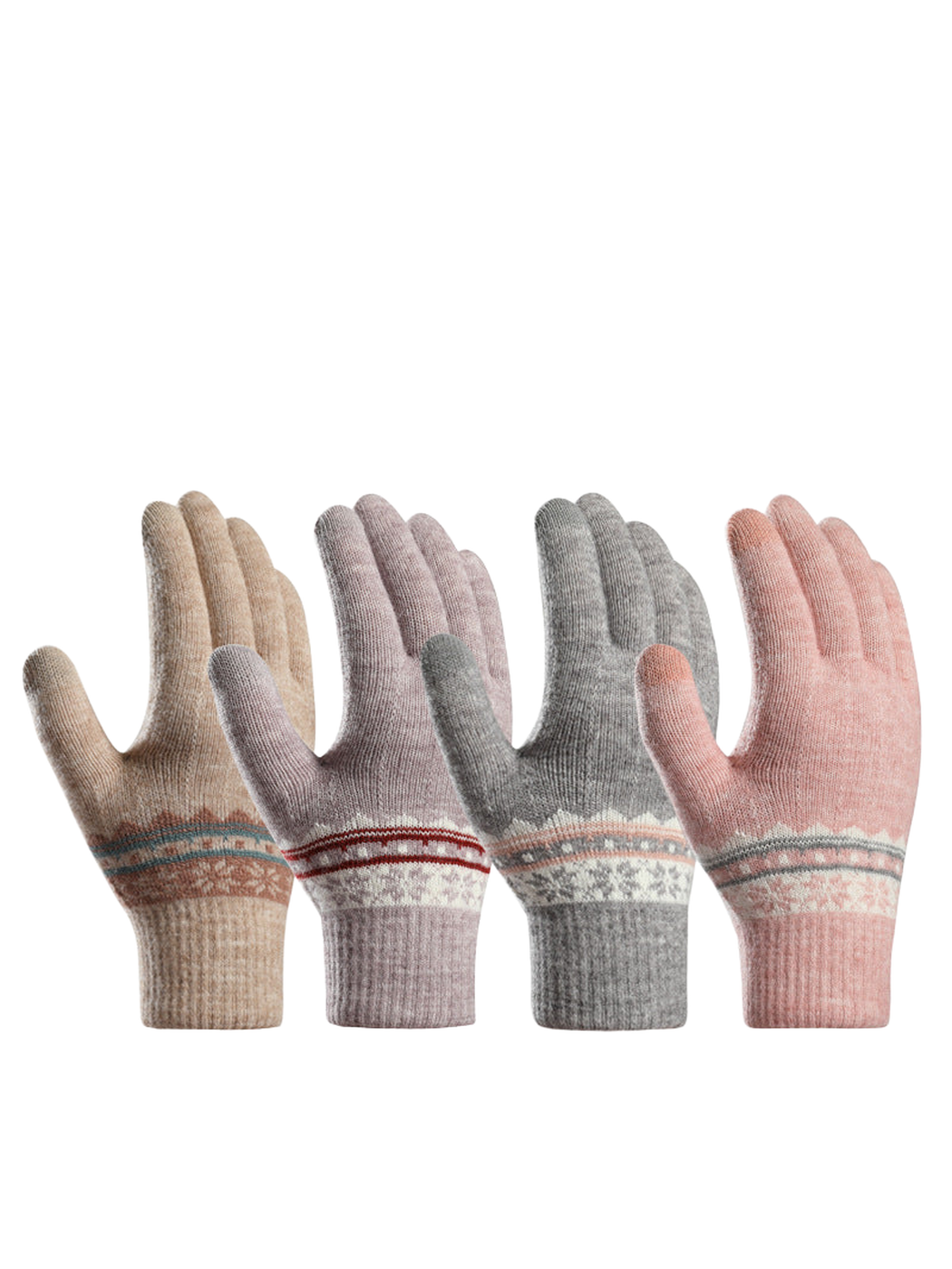 Beige, purple, gray and pink patterned gloves displayed together